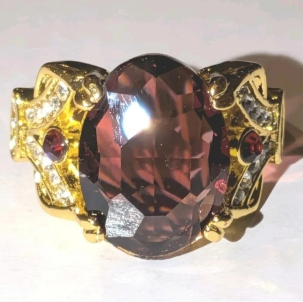 Elegant Gold Plated Cocktail Unisex Ring with Deep Red Gemstone Sz 13